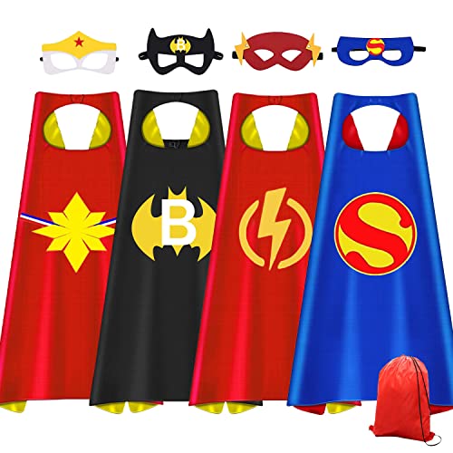 HUIHAI Capas de Superhéroe para Niños,4 Capa y 4 Máscaras y,de Fiesta de Cumpleaños de Navidad Víspera de Todos los Santos Los Mejores Regalos,Ideas Kit de Valor de Cosplay de Diseño