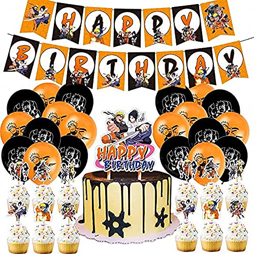 I3C 46 unidades de Naruto Ninja 1 x Ninja Happy Birthday Banner 20 x Globos 24 x Cake Toppers 1 x Grande Cake Toppers para decoración de tartas cumpleaños fiesta