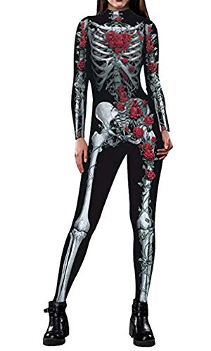 Idgreatim - Disfraz de Halloween para mujer, estampado en 3D, manga larga, ajustado, con diseño de esqueleto, traje de cosplay