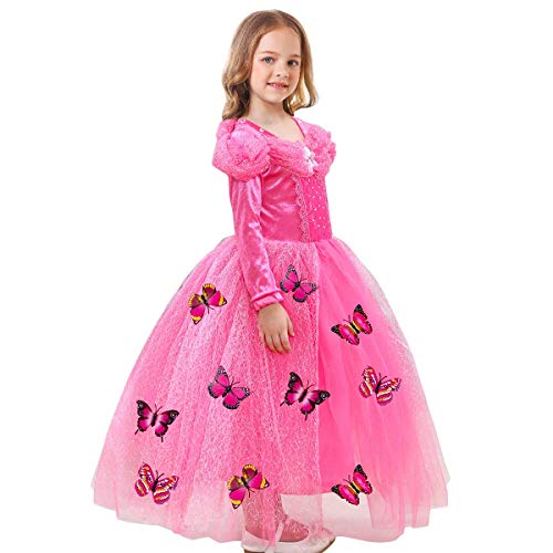 IWEMEK Disfraz de Carnaval Vestido de Aurora para Niñas Traje de Princesa Disfraces de Halloween Navidad Cumpleaños Pageant Comunión Cosplay Fiesta Rosa 7-8 Años