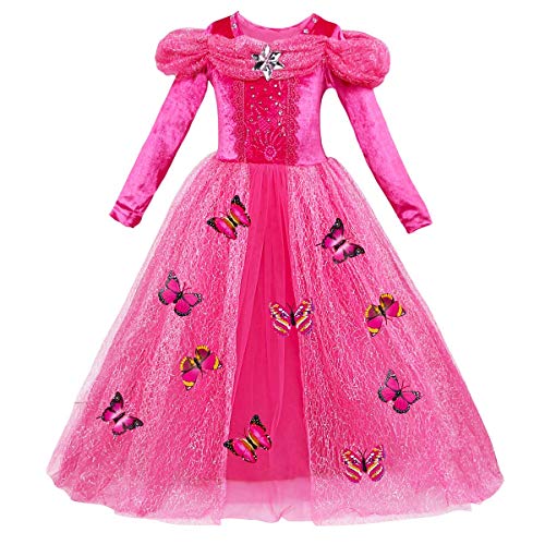 IWEMEK Disfraz de Carnaval Vestido de Aurora para Niñas Traje de Princesa Disfraces de Halloween Navidad Cumpleaños Pageant Comunión Cosplay Fiesta Rosa 7-8 Años