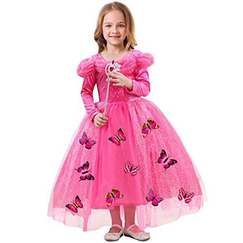 IWEMEK Disfraz de Carnaval Vestido de Aurora para Niñas Traje de Princesa Disfraces de Halloween Navidad Cumpleaños Pageant Comunión Cosplay Fiesta Rosa 7-8 Años