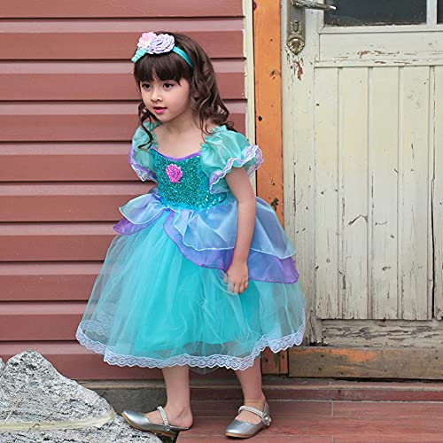 IWEMEK Niñas Disfraz de Sirenita Ariel Vestido de Princesa con Accesorios Cuento de Hadas Cosplay Navidad Halloween Carnaval Disfraz Disfraces Trajes de Fiesta Verde + Morado 7pz 2-3 años