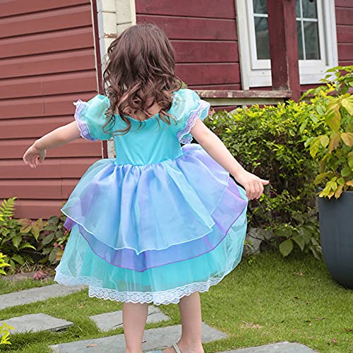 IWEMEK Niñas Disfraz de Sirenita Ariel Vestido de Princesa con Accesorios Cuento de Hadas Cosplay Navidad Halloween Carnaval Disfraz Disfraces Trajes de Fiesta Verde + Morado 7pz 2-3 años