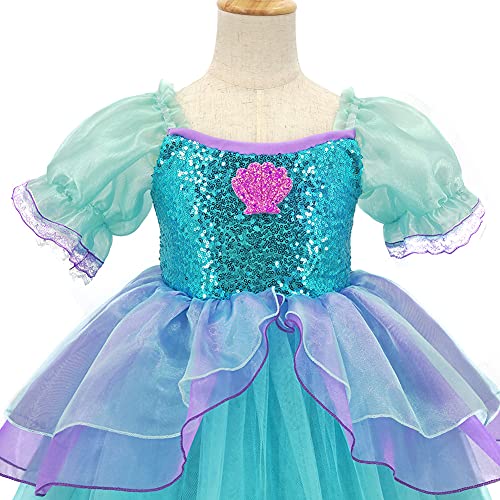 IWEMEK Niñas Disfraz de Sirenita Ariel Vestido de Princesa con Accesorios Cuento de Hadas Cosplay Navidad Halloween Carnaval Disfraz Disfraces Trajes de Fiesta Verde + Morado 7pz 2-3 años