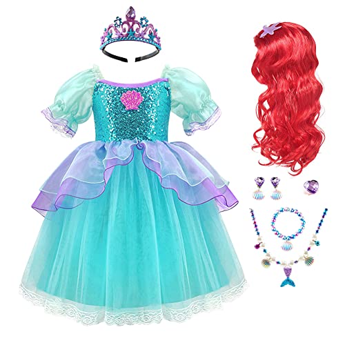 IWEMEK Niñas Disfraz de Sirenita Ariel Vestido de Princesa con Accesorios Cuento de Hadas Cosplay Navidad Halloween Carnaval Disfraz Disfraces Trajes de Fiesta Verde + Morado 7pz 2-3 años