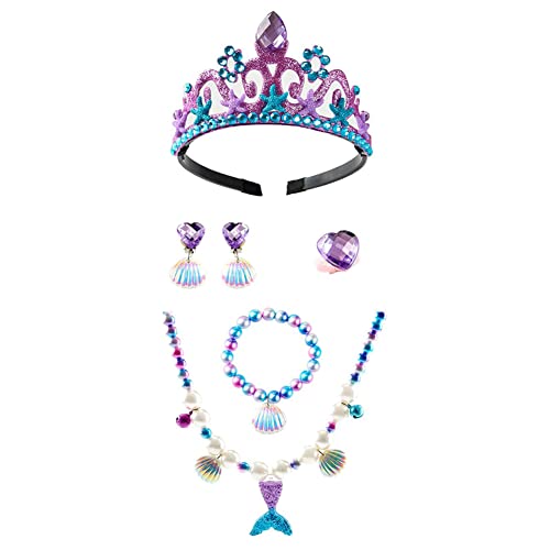 IWEMEK Niñas Disfraz de Sirenita Ariel Vestido de Princesa con Accesorios Cuento de Hadas Cosplay Navidad Halloween Carnaval Disfraz Disfraces Trajes de Fiesta Verde + Morado 7pz 2-3 años