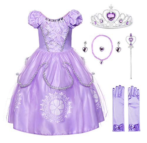 JerrisApparel Niña Disfraz de Princesa Sofía Tul Cumpleaños Partido Vestido (4 años, Lila con Accesorios)