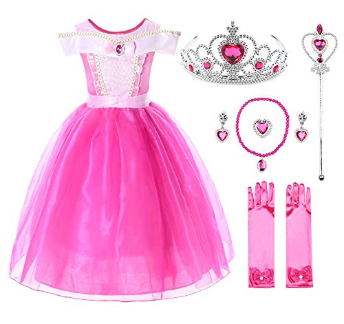 JerrisApparel Niña Princesa Aurora Disfraz Vestir Bella Durmiente Vestito (7 años, por la Tobillo con Accesorios)