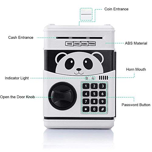 Jhua 1 Monedero de Dibujos Animados Puede contraseña electrónico Ahorro de cajero automático Seguro cerraduras Panda Smart Voice Pront Money Piggy Box para niños, Blanco