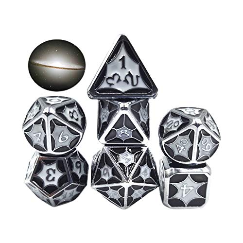 JIUYECAO Starcraft Series Juego de mesa Dados de plata brillante en polvo azul claro, 7 unids/set aleación metal poliédrico dados D20 D12 D10 D8 D6 D4 para Dnd Rpg Mtg Tabl