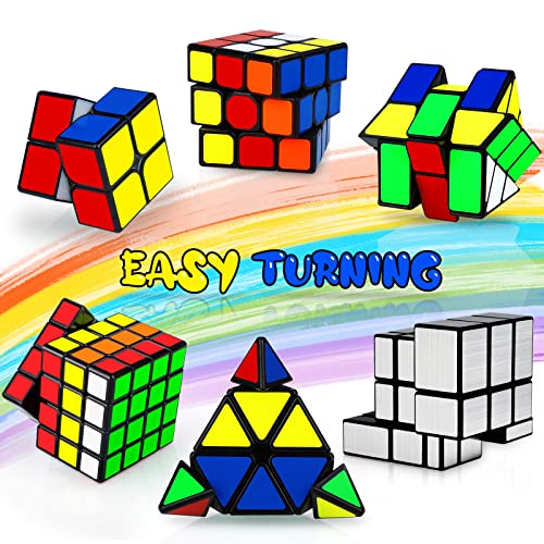 JQGO Speed Magic Cubes Set 2x2 3x3 4x4 Pyraminx Mirror Fenghuolun Cubo Mágico, 3D Magic Puzzle Cube Bundle Cubo Mágico PVC Pegatina para Niños y Adultos, Paquete de 6