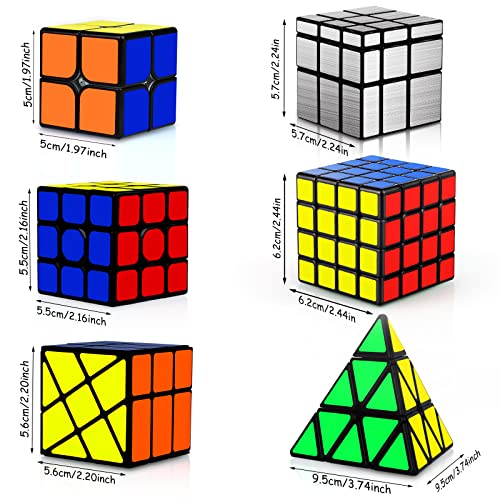 JQGO Speed Magic Cubes Set 2x2 3x3 4x4 Pyraminx Mirror Fenghuolun Cubo Mágico, 3D Magic Puzzle Cube Bundle Cubo Mágico PVC Pegatina para Niños y Adultos, Paquete de 6