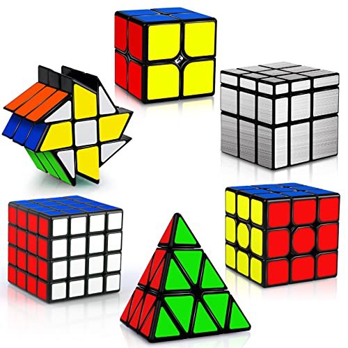 JQGO Speed Magic Cubes Set 2x2 3x3 4x4 Pyraminx Mirror Fenghuolun Cubo Mágico, 3D Magic Puzzle Cube Bundle Cubo Mágico PVC Pegatina para Niños y Adultos, Paquete de 6