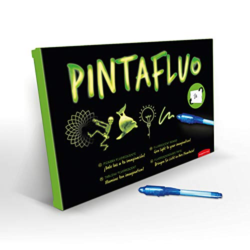 JUEGACONMIGO PINTAFLUO Pizarra Mágica Infantil. Dibuja con luz a Doble Cara y Doble Grosor. Incluye 2 bolígrafos, 10 Plantillas y Tinta Invisible. (Tamaño A3)