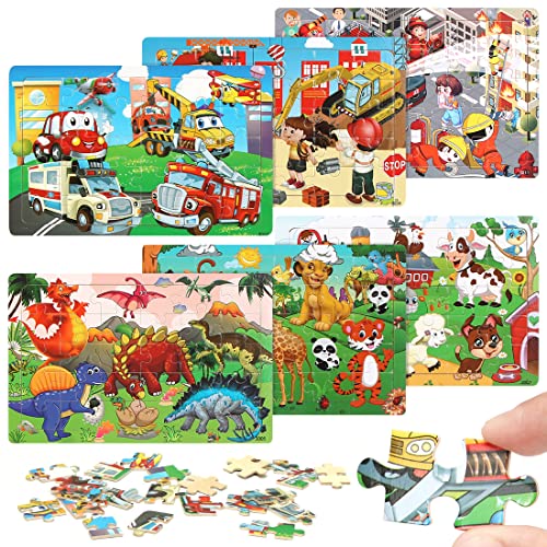 Juego de 6 Puzzle de Madera para Niños, Rompecabezas de 30 Piezas, Puzzle Vehículo Dinosaurio Animale, Juguete Educativo para Infantiles de 3 4 5 6 años, Juguete de Regalo para Niña Niño