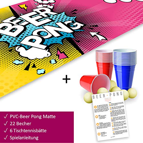 Juego de Beer Pong, 180 x 60 cm, Alfombra de Campo de Juego con diseño Pop Art, Incluye 22 Vasos de Fiesta y 6 Pelotas de Ping Pong