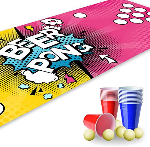 Juego de Beer Pong, 180 x 60 cm, Alfombra de Campo de Juego con diseño Pop Art, Incluye 22 Vasos de Fiesta y 6 Pelotas de Ping Pong