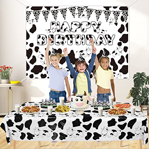 Juego de cubierta de mesa y fondo de cumpleaños con estampado de vaca, diseño de animales de granja, fundas de mesa para fiesta de cumpleaños, mantel de vaca blanco y negro