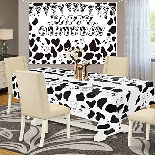 Juego de cubierta de mesa y fondo de cumpleaños con estampado de vaca, diseño de animales de granja, fundas de mesa para fiesta de cumpleaños, mantel de vaca blanco y negro