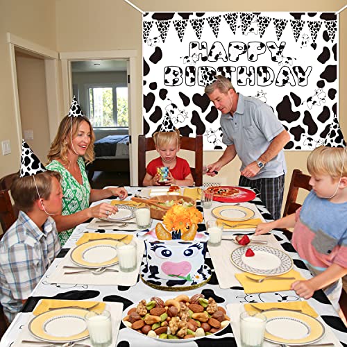 Juego de cubierta de mesa y fondo de cumpleaños con estampado de vaca, diseño de animales de granja, fundas de mesa para fiesta de cumpleaños, mantel de vaca blanco y negro