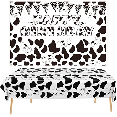 Juego de cubierta de mesa y fondo de cumpleaños con estampado de vaca, diseño de animales de granja, fundas de mesa para fiesta de cumpleaños, mantel de vaca blanco y negro