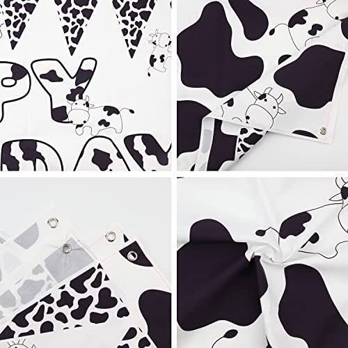 Juego de cubierta de mesa y fondo de cumpleaños con estampado de vaca, diseño de animales de granja, fundas de mesa para fiesta de cumpleaños, mantel de vaca blanco y negro