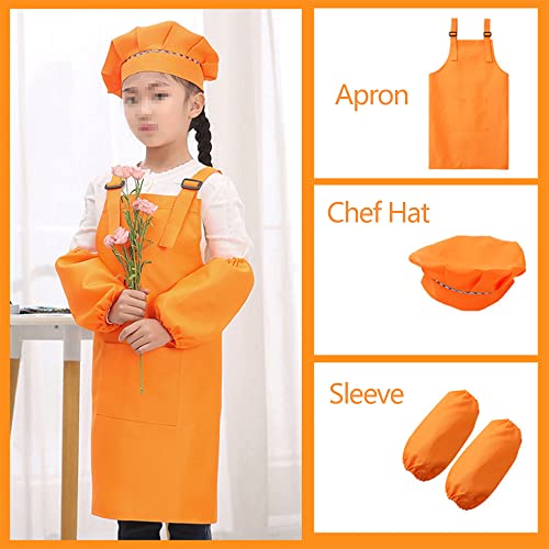 Juego de delantales de chef para niños, delantales con mangas de gorro de chef con bolsillos, disfraz de chef ajustable para niños y niñas, ropa para cocinar y hornear (Orange,L)