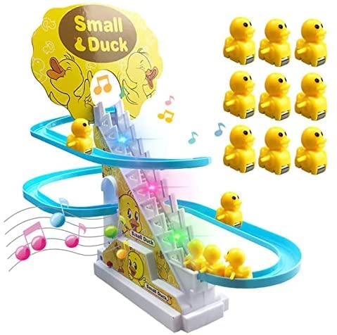 Juego de escaleras de escalada de pato eléctrico con música y luces LED intermitentes, rompecabezas Duck Go Racer Track Toy Set, incluye 9 patos (USB)