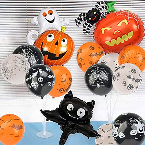 Juego de globos para Halloween, 1 juego de globos de Halloween, 30 unidades de 30 globos de látex de 30 cm, 3 globos de aluminio, murciélagos, araña de calabaza, esqueleto, con bomba de mano