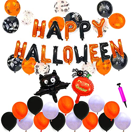 Juego de globos para Halloween, 1 juego de globos de Halloween, 30 unidades de 30 globos de látex de 30 cm, 3 globos de aluminio, murciélagos, araña de calabaza, esqueleto, con bomba de mano