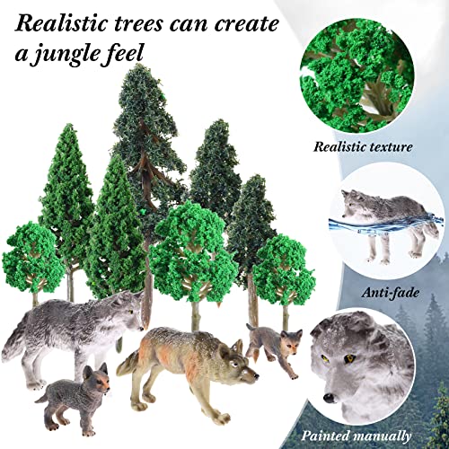 Kit de 16 Árboles Modelos Figuras de Animales de Bosque, 8 Figuras de Juguete de Lobo y 8 Árboles de Plástico Mixtos Topper de Tarta de Árbol Lobo de Bosque para Suministros de Diorama