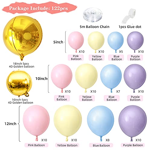 Kit de arco de guirnalda de globos, 122 globos Macaron Rainbow pastel, globos de oro 4D para decoraciones de fondo de fiesta de cumpleaños para niñas y mujeres