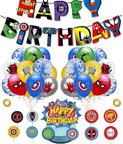 Kit de Decoraciones de Cumpleaños de Superhéroes Globos de Superhéroe Globos de Látex deSuperhéroes Cupcake Toppers Pancarta de Fiesta de Superhéroes Suministros de Fiesta Temáticos de Superhéroes