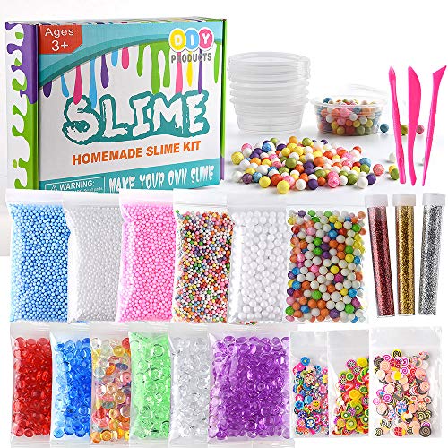 Kuuqa 24 Unidades Kit para Hacer Slime Suministros Incluyendo Micro Perlas de Espuma de Poliestireno Bolas Perlas de Pecera Confeti frutas Rebanadas Slime Herramientas para DIY Craft