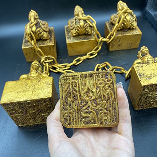 LAOJUNLU Antiguos Varios Pixie Sellos Seis Sellos de noche Cobre Chapado en oro Invitando Cai Nacai Pixie Sellos Colección de regalos de bronce antiguo Obra maestra Colección de chino solitario