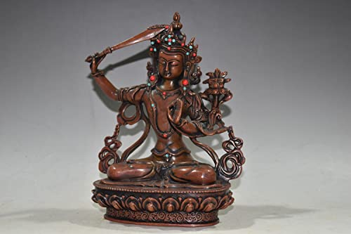 LAOJUNLU Colección temprana Una estatua de bronce rojo con incrustaciones de bronce puro de Manjushri en una base de loto colección de obras maestras de bronce antiguo solitario chino tradicional