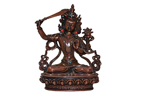 LAOJUNLU Colección temprana Una estatua de bronce rojo con incrustaciones de bronce puro de Manjushri en una base de loto colección de obras maestras de bronce antiguo solitario chino tradicional