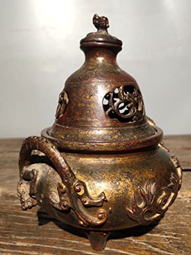 LAOJUNLU Old Collection Antiguo Cobre Y Arcilla Oro Tres Patas Chi Dragón Y Bestia Divina Quemador De Incienso De Dos Obras Maestras De Bronce Antiguo Colección De Solitario Chino De Estilo