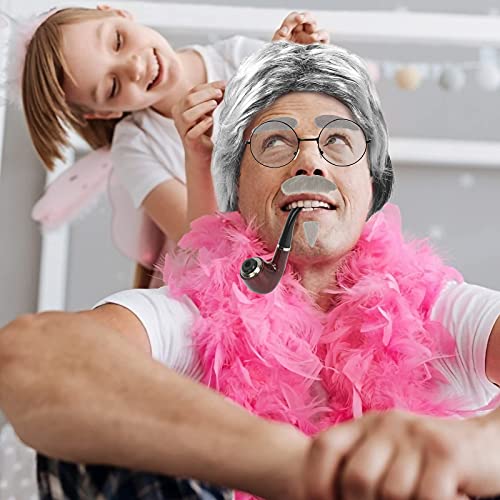 LOOPES Juego de 7 piezas de disfraz de hombre viejo para abuelo, juego de disfraz de abuelo con bigote gris cejas pelucas y gafas de gorra para Halloween fiesta retro escenario cosplay