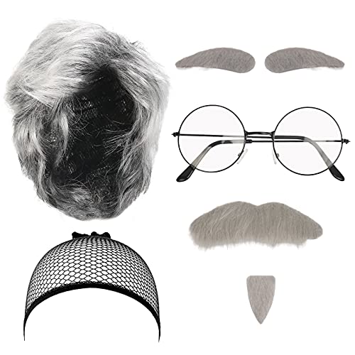 LOOPES Juego de 7 piezas de disfraz de hombre viejo para abuelo, juego de disfraz de abuelo con bigote gris cejas pelucas y gafas de gorra para Halloween fiesta retro escenario cosplay