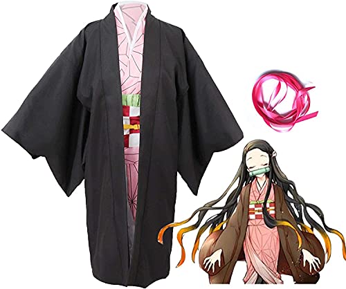 LYDHDY Demonio Slayer Kamado Nezuko Cosplay Niños Disfraz Nezuko Kimono Traje con bambú y Zapatos Japonés Anime Kimetsu No Yaiba Nezuko Cosplay Full Set para Adultos (Color : A, Size : S)