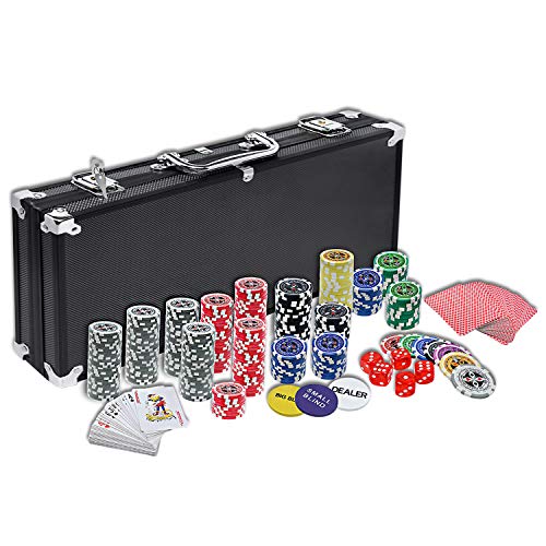 LZQ Maletín de póquer de 500 fichas Texas Hold'em con carcasa de aluminio negro, con caja de carying y fichas de casino, 2 juegos de cartas Dealer Small Blind Big Blind Buttons y 5 dados