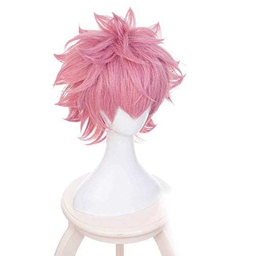 LZT Peluca de cosplay sintética de anime de color rosa claro corta de Mina Ashido de My Hero Academia, peluca sintética con malla de peluca gratis