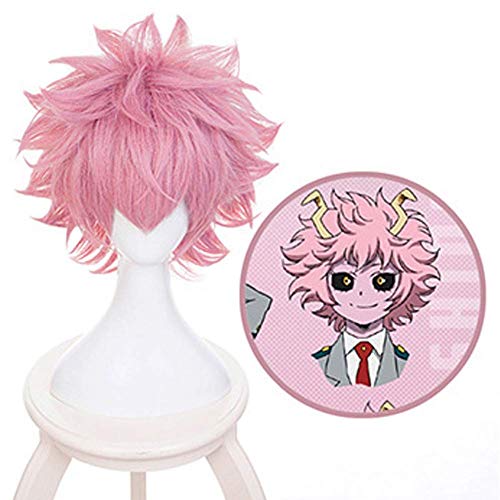 LZT Peluca de cosplay sintética de anime de color rosa claro corta de Mina Ashido de My Hero Academia, peluca sintética con malla de peluca gratis