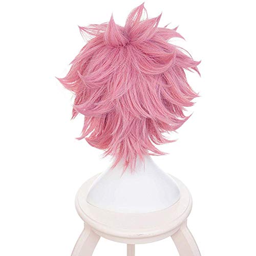 LZT Peluca de cosplay sintética de anime de color rosa claro corta de Mina Ashido de My Hero Academia, peluca sintética con malla de peluca gratis