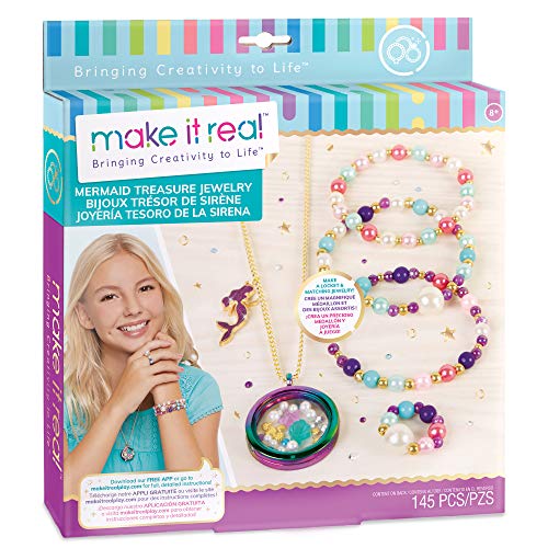 Make It Real -Joyería de la sirena del tesoro. DIY temática de la sirena que hace el kit de joyería para las muchachas. Tweens guías para elaborar un único collar del Locket colgante, anillo, pulseras