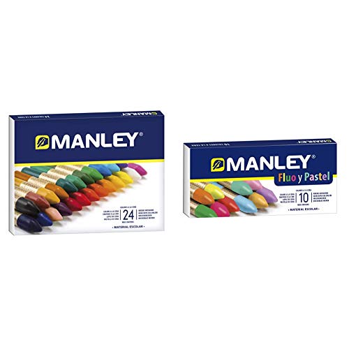 Manley Ceras 24 Unidades Caja de Cera Profesional y Ceras para Niños + Estuche 10 ceras Colores Especiales (FLUO+ PASTEL)