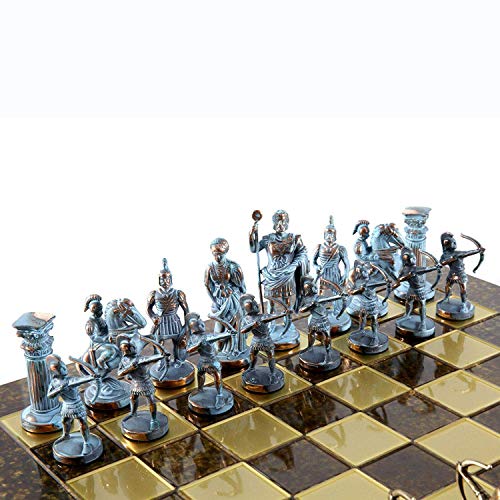 Manopoulos Archers Large Chess Set - Blue&Copper - Brown Chess Board