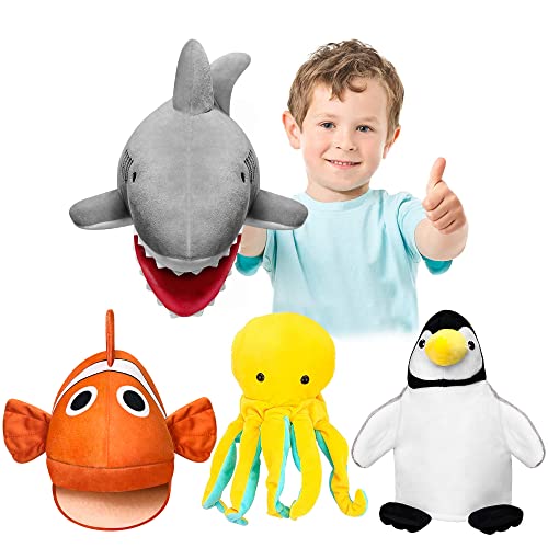 Marionetas de Mano 4 Marionetas de Mano de Animales Marinos, Juguetes de Peluche adecuados para Contar Historias y Juegos de rol Regalos para niños (4 Piezas)